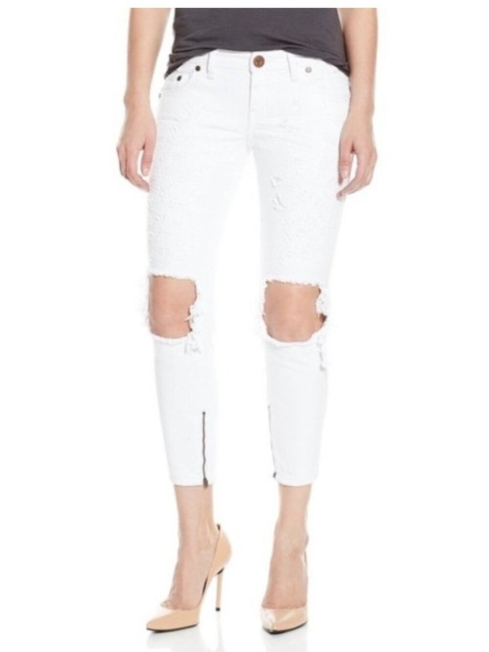 FP OTS Distressed White Skinny straight leg jeans size 25 boho euro summer chic